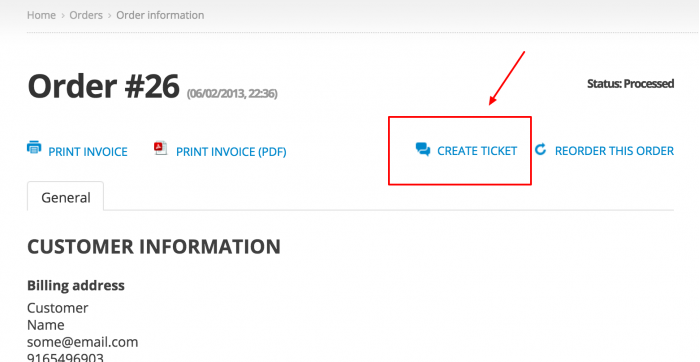 Create Ticket direct link on order details page for customers