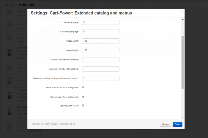 Add-on settings in the Menu tab
