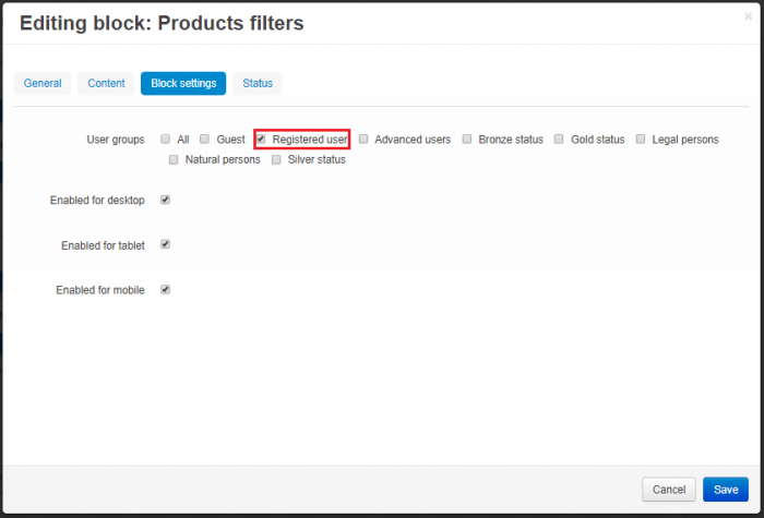 The filter block settings for authorized users only