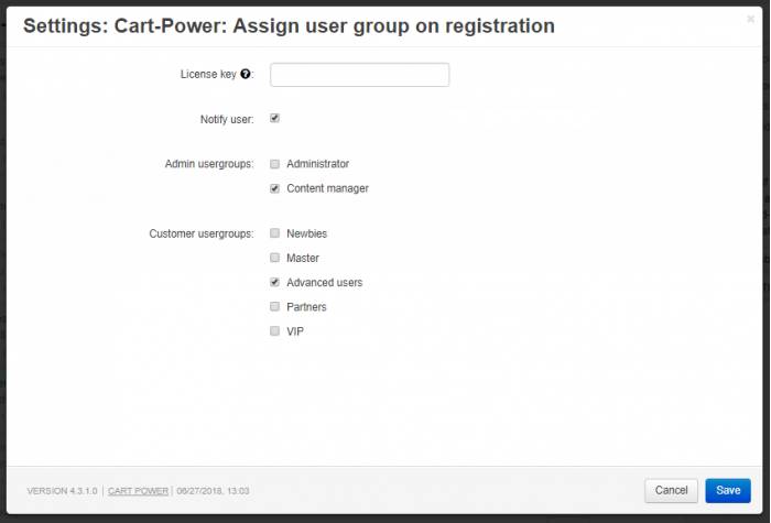 The default user groups are configured in the add-on settings