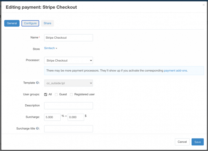 The configuration of Stripe Checkout