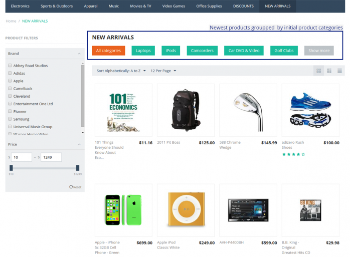 New products page groupped by initial product categories