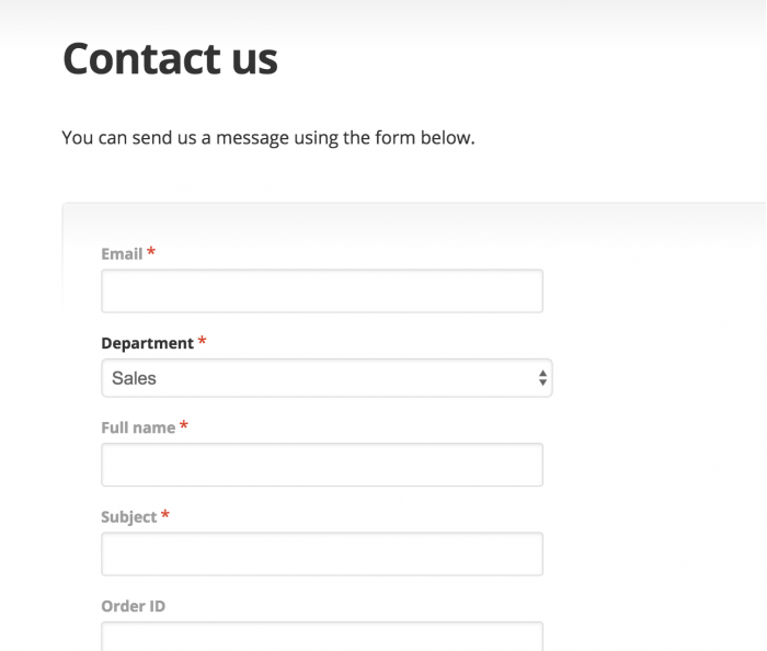 Integrated contact us form with departments and order ID fields