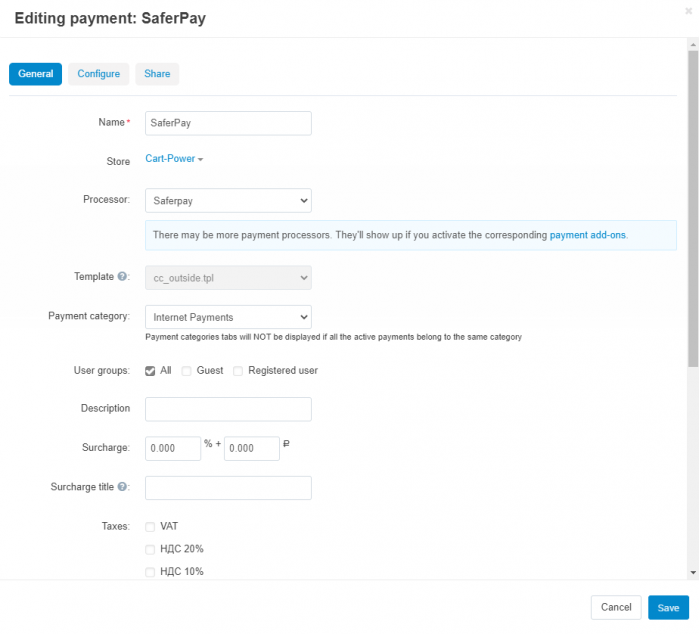 Saferpay settings: General