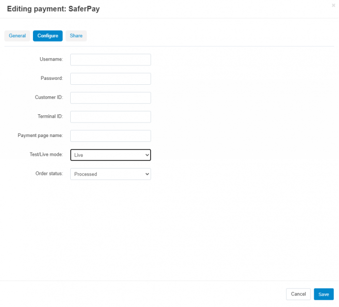 Saferpay settings: Configure