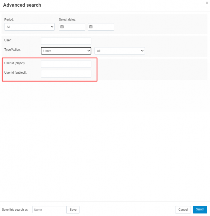 Extended search of actions with user accounts