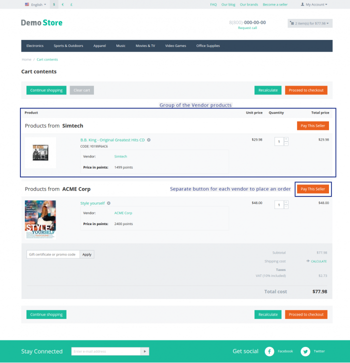 Cart page with products by vendor