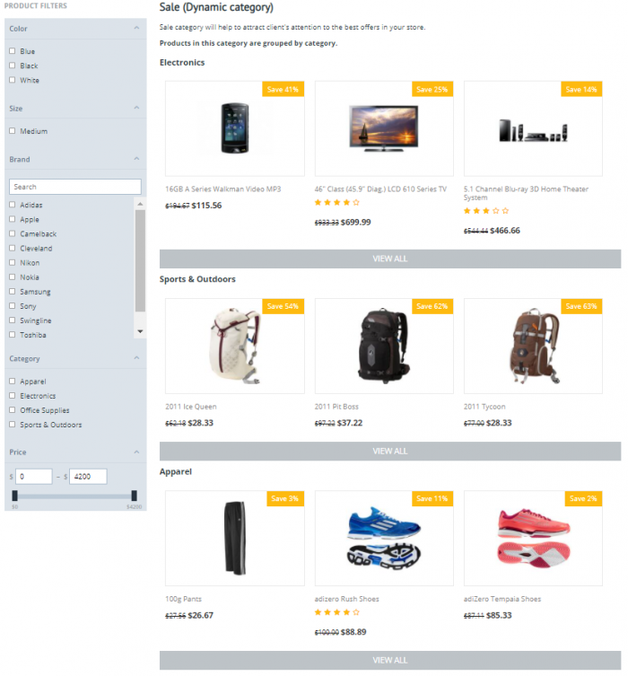 Dynamic categories: Discounts, products are grouped by category