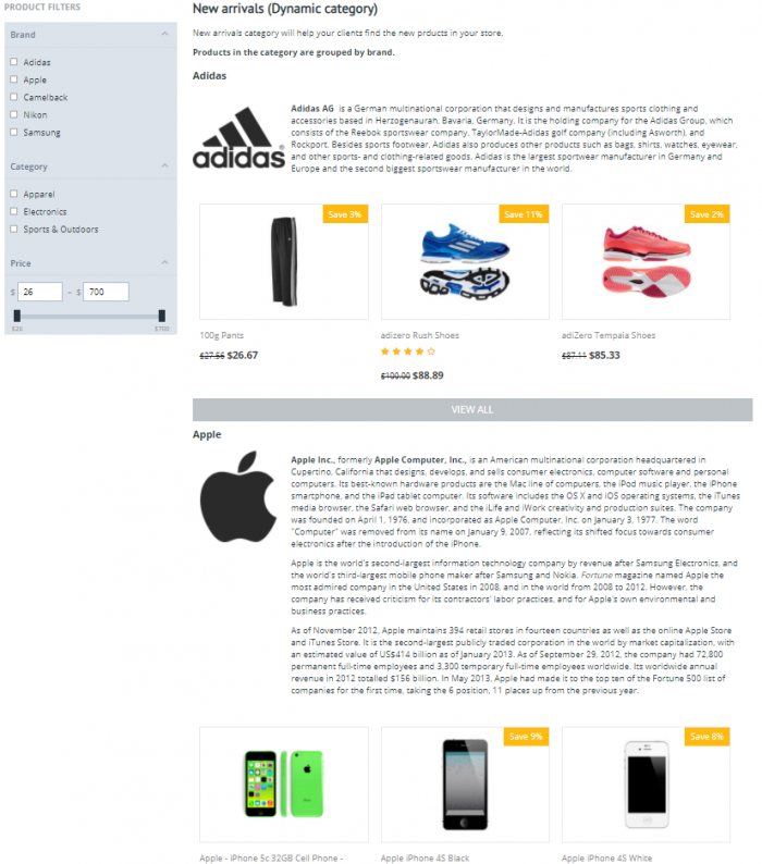 Dynamic categories: New arrivasls, products are grouped by brand
